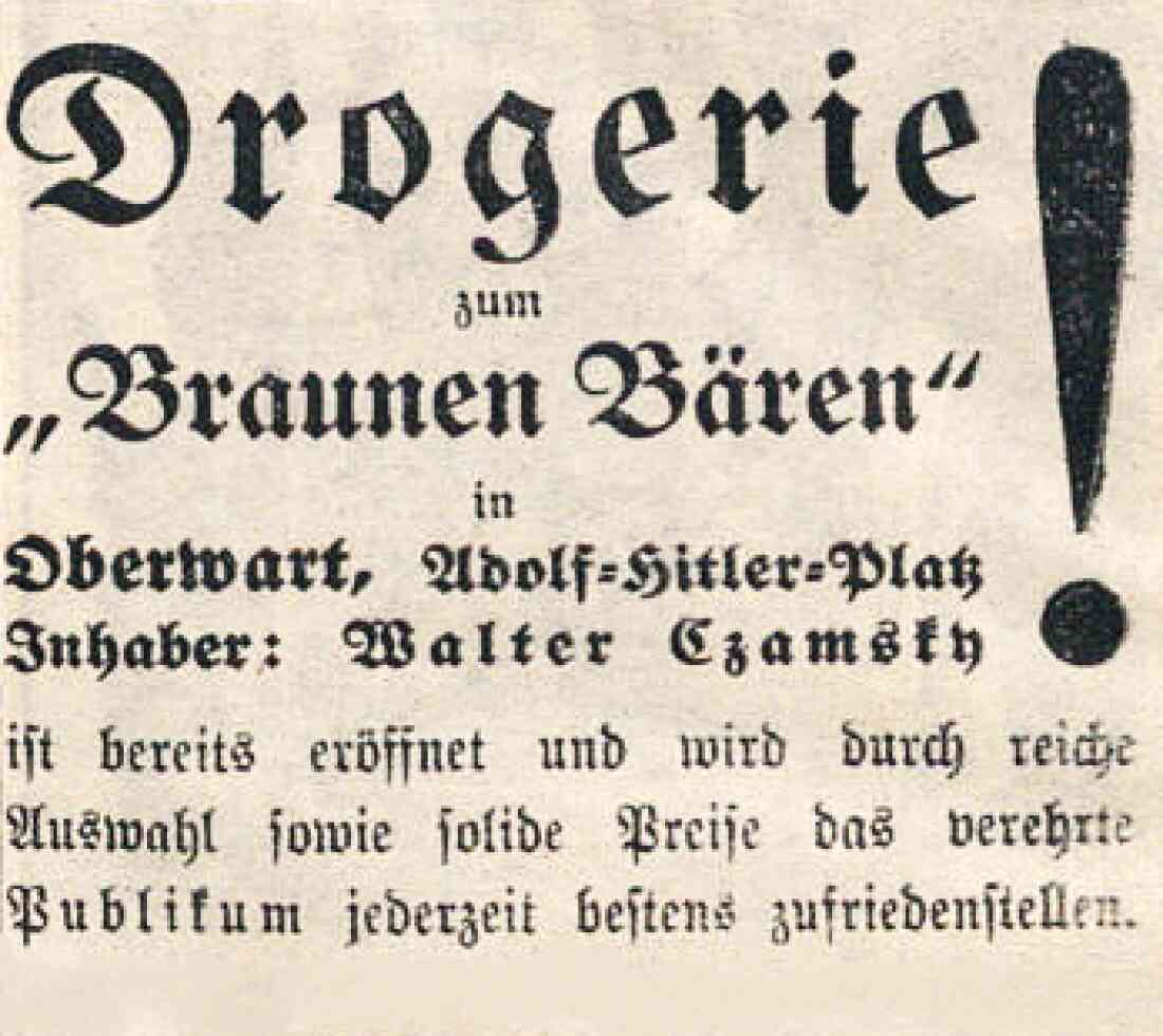 Inserat in der Oberwarther = Sonntagszeitung vom 5. November 1939 der "Drogerie zum Braunen Bären" Walter Czamsky