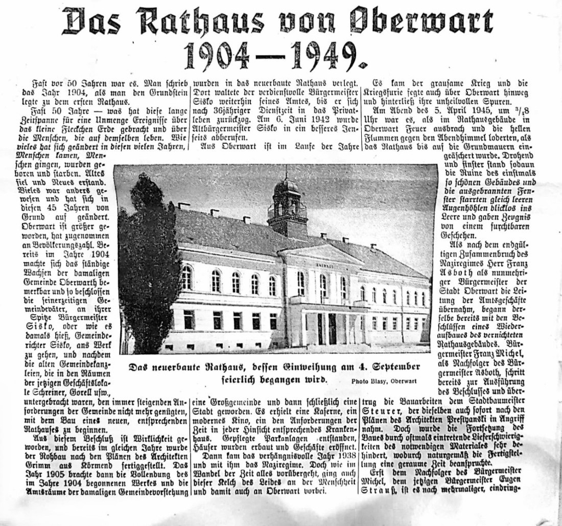 Oberwarter Zeitung vom 4. September 1949: "Das Rathaus von Oberwart"