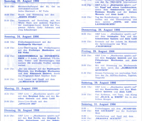Bierzelt des SV Oberwart: Programm anlässlich der Inform 1986
