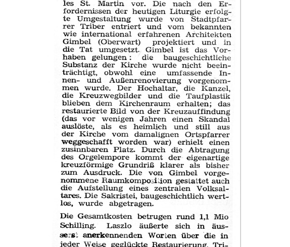 Röm. kath. Pfarre St. Martin: Artikel anlässlich der Segnung der Kirche durch Bischof Laszlo zum Abschluss der Umgestaltung und Renovierung