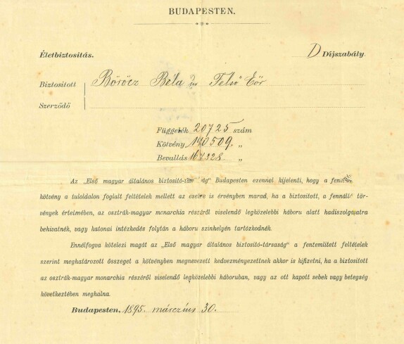 "Erste ungarische unabhängige Versicherungsgesellschaft / Budapest": Versicherung gegen Kriegsschäden für Bela Böröcz