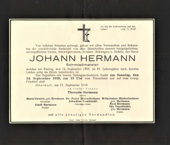 Parte: Johann Hermann - Hufschmied, *1878 / +1958 (Steinamangererstraße 28)