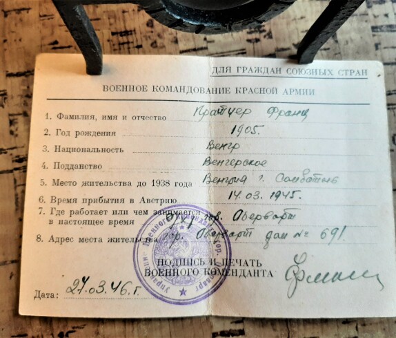 Franz Pratser: Legitimationskarte des Militärkommandos der Roten Armee in Oberwart