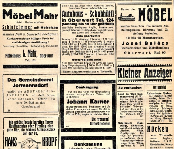 Werbeseite in der Oberwarter Zeitung - später OZ (Haus für Keider, Wäsche und Schule Schmidt / Möbel Mahr / Uhrmacher Kropf / Autohaus Schabhüttl / Möbel Balazs)