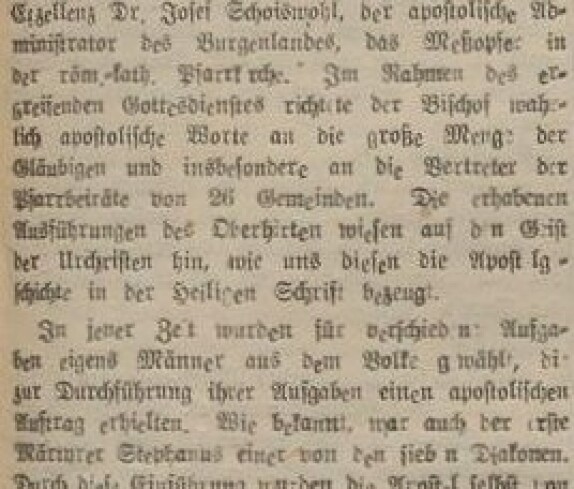 Ausführlicher Bericht in der Oberwarter Zeitung vom 24. Mai 1953: "Bischof Dr. Josef Schoiswohl in Oberwart" - Aufgaben der Pfarrbeiräte