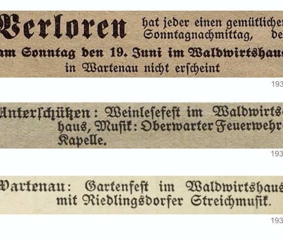 Announcen in der Oberwarther = Sonntagszeitungen: Waldwirtshaus in der Warthenau (auch Wartenau)