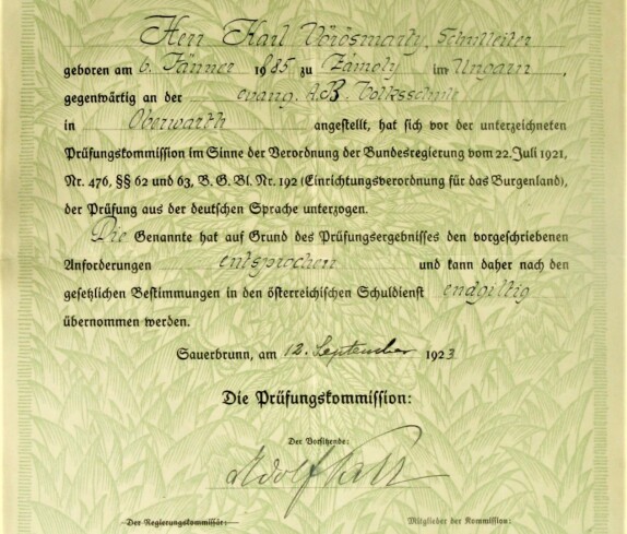 Prüfzungszeugnis Karl Vörösmarty (*1885 /+1951) - Lehrer und Schulleiter an der reformierten Schule
