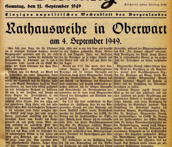 Titelseite der Oberwarther = Sonntagszeitung vom 11. September 1949: ausführlicher Artikel zur Rathausweihe am 4. September 1949