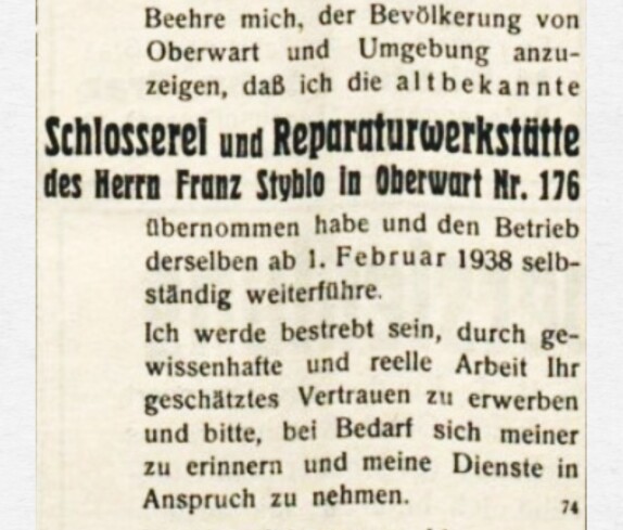 Ludwig Palank - Geschäftsanzeige anlässlich der Übernahme der Schlosserei und Reparaturwerkstätte Styblo (OW 176 / Wienerstraße 13+15+17) am 6. Feber 1938