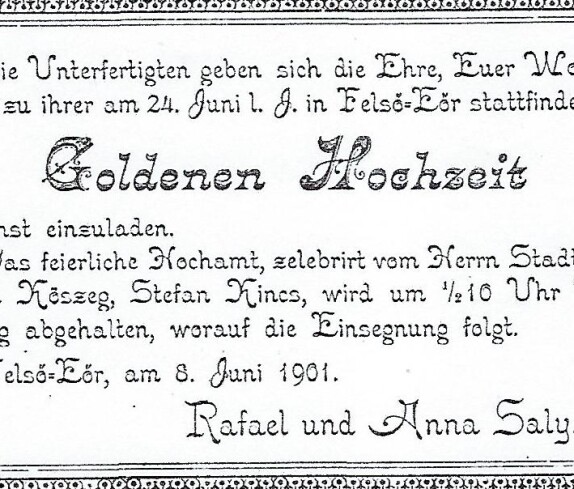 Einladungskarte Goldene Hochzeit Rafael Saly (*1828 / +1914) und Anna Osvald (*1834 / +1912)