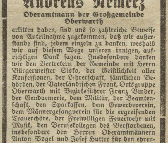 Danksagung vom 10. Feber 1935 anlässlich des Hinscheidens von Oberamtmann Andreas Nemecz (*1875/+1935)