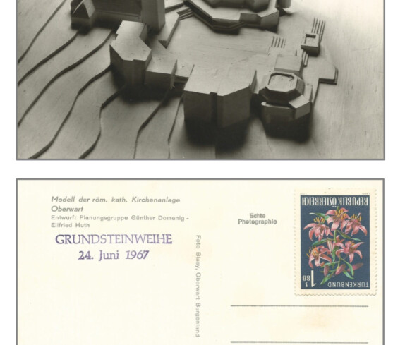 Ansichtskarte mit dem Modell der neuen röm. kath. Osterkirche anlässlich der Grundsteinweihe am 24. Juni 1967