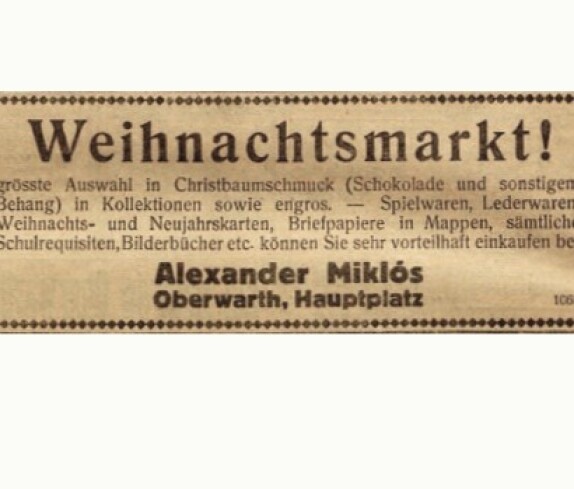 Anzeige der Trafik Alexander Miklos (Hauptplatz 7) über einen Weihnachtsmarkt in der Oberwarther Sonntags = Zeitung vom 19. Dezember 1926