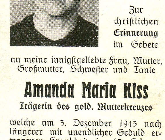 Sterbebildchen der Amanda Maria Kiss (geb. Huck) *1876/+1943