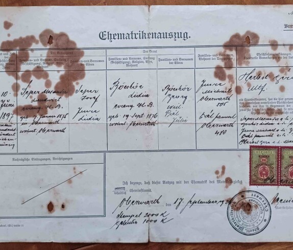 Ehematrikenauszug (auch Martikel) zur Hochzeit von Alexander Seper (*1875) und Lidia Böcskör (*1876) über die am 10. Juni 1897 geschlossne Ehe