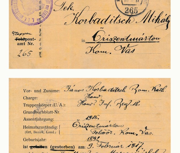 Feldpostkarte als Verständigung über den Tod von Janos / Johann Korbadits (*1892/+1917) - St. Martin 45 / Franz Korbadits Straße 7)