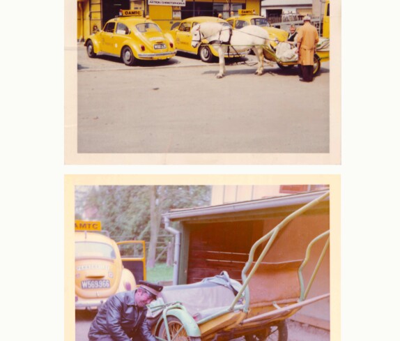 ÖAMTC: Willi Steurer - der "Gelbe Engel" repariert den bequemen Sulky von "Fr. Oberst Scheiber" - vor dem Stützpunkt Wienerstraße 19