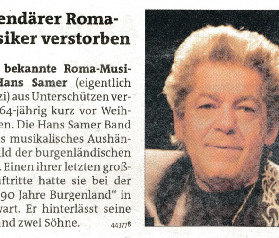 Nachricht über das Ableben des Roma-Musikers Hans Samer (*1948 / +2012)