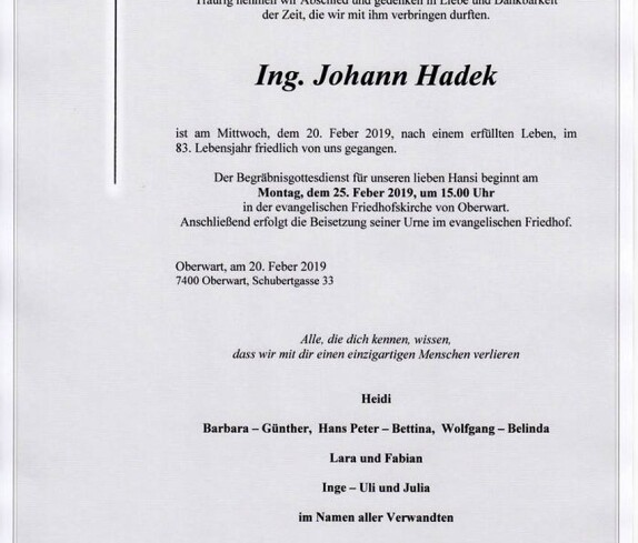 Parte: Ing. Hans Hadek (*1937/+2019)