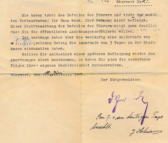 NAZIS: Schreiben des Stadtamts mit der Verhängung einer Geldstrafe wegen des Nicht-Hissens der Fahne an Julius Ritter (OW Nr. 80, später Buchengasse 9)