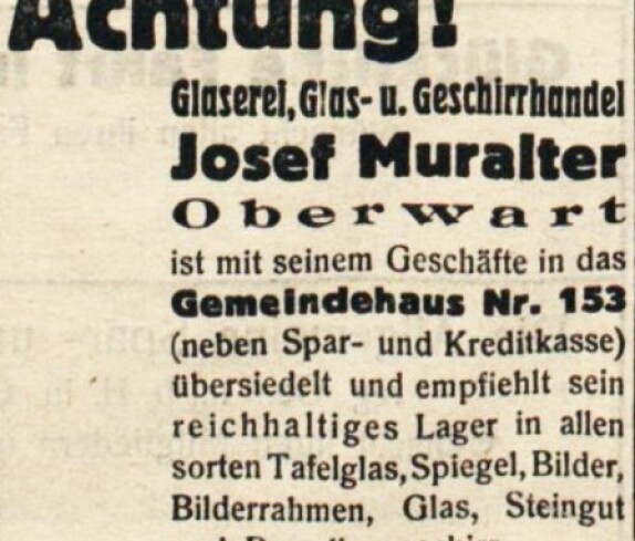 Oberwarther Sonntags = Zeitung vom 1. Jänner 1939: Bekanntgabe des Umzugs der Fa. Glaserei Muralter ( Arisierung) - OW 153 (Gemeindehaus) / Wienerstraße 2