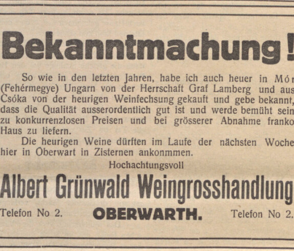 Bekanntmachung der Weingroßhandlung Albert Grünwald (Steinamangererstraße 10)