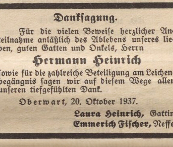 Am 31. Oktober 1937 erschien folgende Danksagung anlässlich des Todes von Meszaros (Fleischhauer) Heinrich Hermann (*1859/+1937), Mitglied der jüdischen Gemeinde