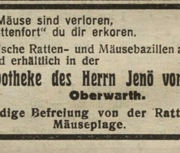 Inserat  in der Oberwarther = Sonntagszeitung vom 22. Jänner 1928 "Apotheke des "Jenö" Eugen Bakos" - OW 636 / Wienerstraße 12)