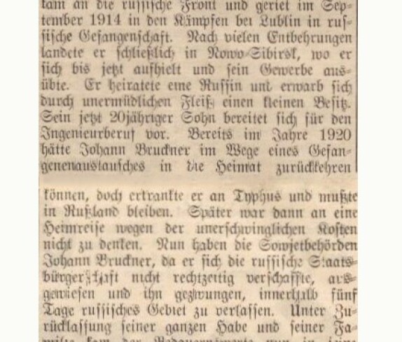 Artikel in der Oberwarther Sonntags = Zeitung/später OZ vom 14. 11. 1937: Heimgekehr aus russ. Gefangenschaft von J. Bruckner nach 23 J.