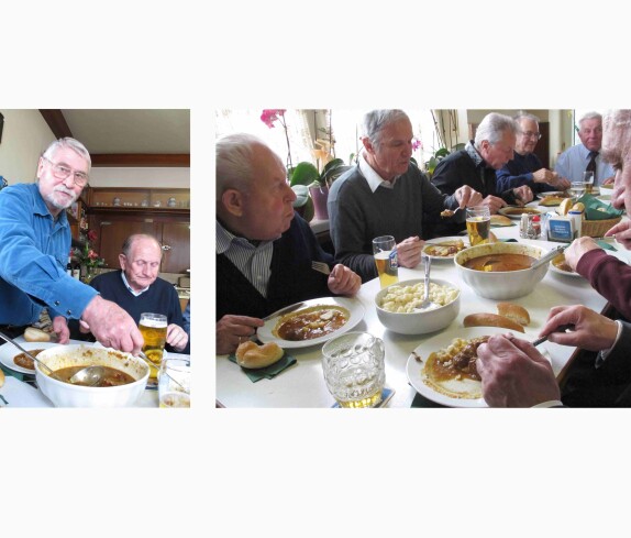 Kantorrunde: die "Dienstagsrunde" anlässlich des 90. Geburtstags von Prof. Karl Messner beim Gulasch-Essen (Brunner-Szabo/Huber/Pal/Somogy/Palank/Kappel/Kaipel/Mühl