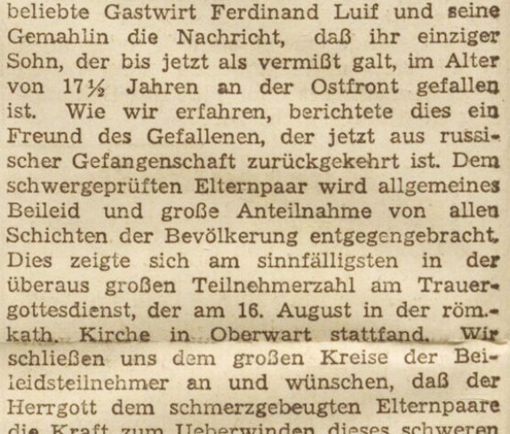 Kurzer Bericht im Bgld. Volksblatt zum Ableben von Wilhelm Luif (*1927/+1945 als Soldat der Deut. Wehrmacht) - OW 152/ Wienerstraße 1