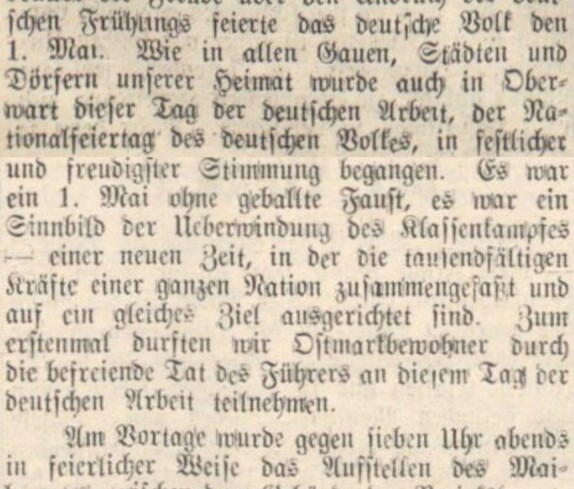Oberwarther = Sonntagszeitung vom 8. Mai 1938: zum 1. Mai - "Maifeier in Oberwart"