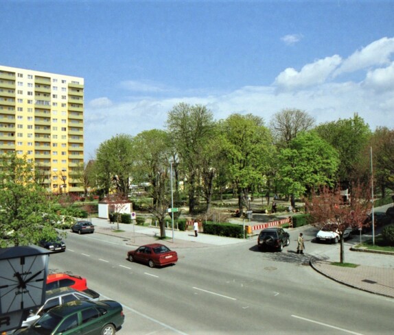 Stadtpark (mit Hochhaus) während der ersten Schlägerungen zur Umwandlung in den sogenannten "Kulturpark"