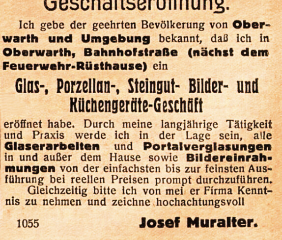 Oberwarther Sonntags = Zeitung vom 12. Dezember 1926: Geschäftseröffnung Josef Muralter (Illegaler NAZI-Nationalsozialist)