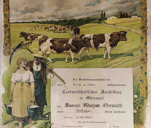 Gewerbeausstellung 1924: Urkunde über den 3. Preis anlässlich der Landwirtschaftlichen Ausstellung für Samuel Adorjan (*1905/+1995)