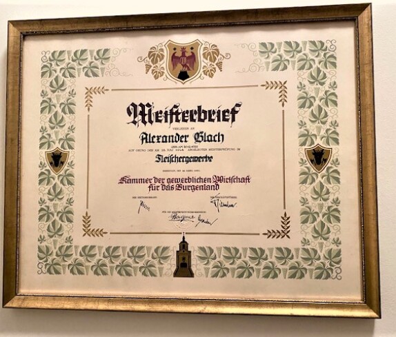 Fleischergewerbe: Meisterbrief von Alexander Blach jun. (*1922/+2012) - Hauptplatz 7