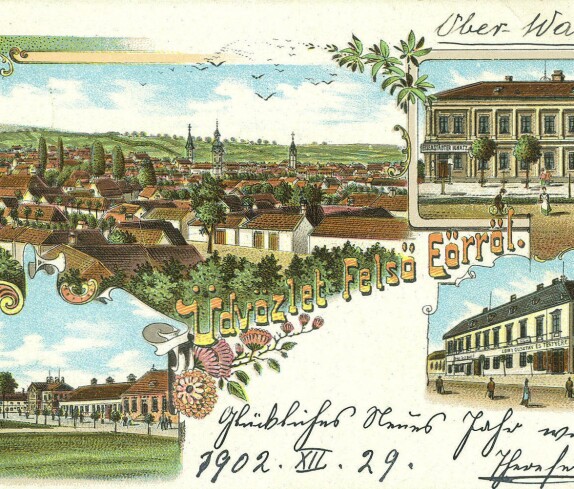 Ansichtskarte: "Üdvözlet Felsö Eörröl" mit Gesamtansicht, Hauptplatz, Geschäft Eisenstädter und Löwy