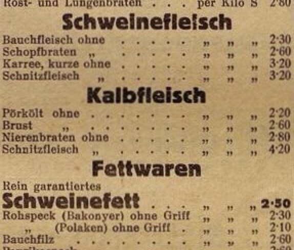 Fleischhauerei Alexander Blach (Hauptplatz 7 / Oberwart 146): Inserat in der Oberwarther Sonntags = Zeitung "Preisliste über Fleisch- und Wurstwaren"
