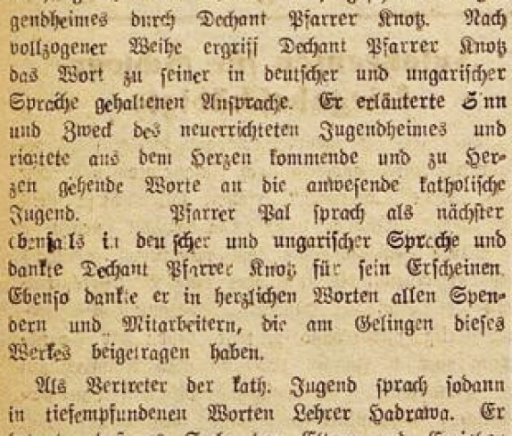 Bericht in der Oberwarter Zeitung vom 6. November 1949: "Einweihung des röm. kath. Jugenheims"
