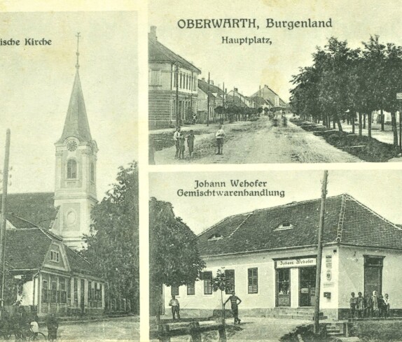 Ansichtskarte: Evang. Kirche, Hauptplatz, Johann Wehofer Gemischtwarenhandlung