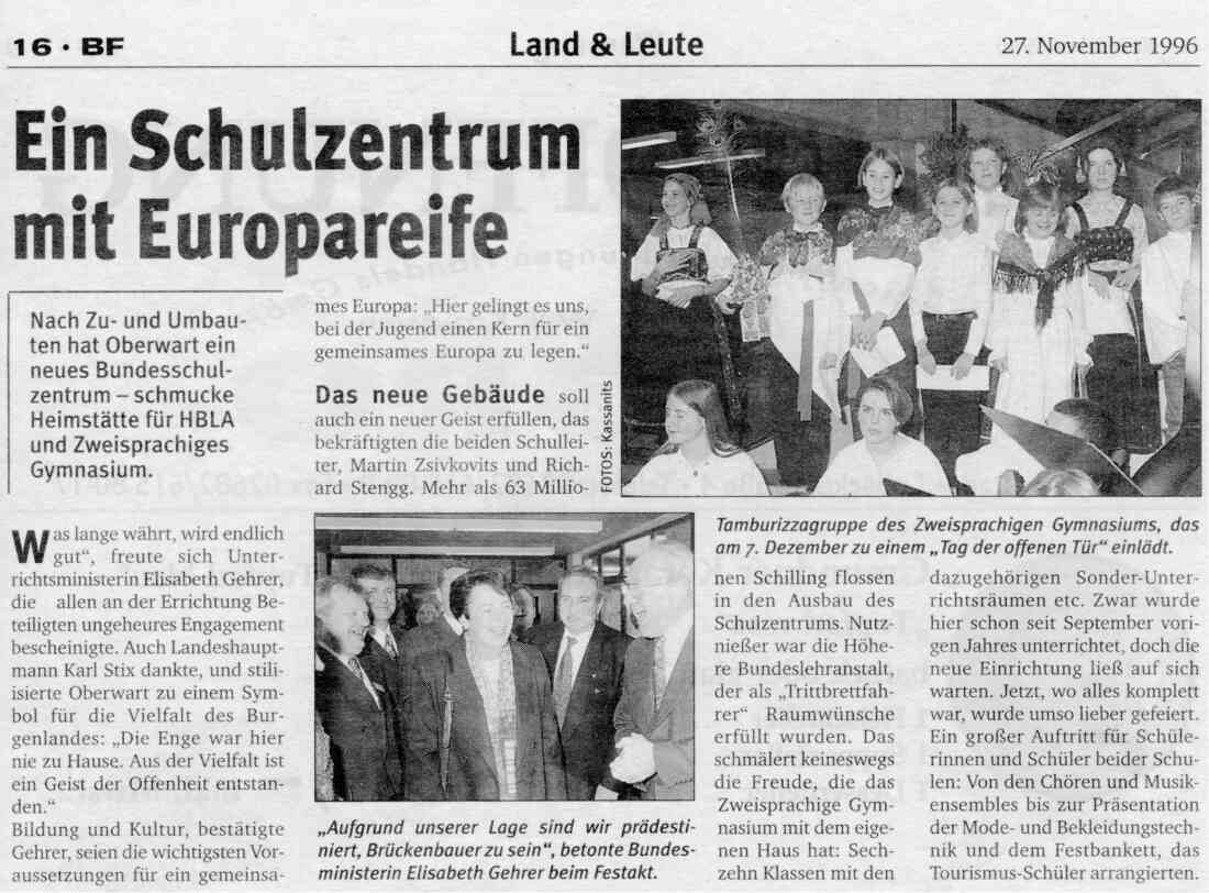 Artikel: "Schulzentrum mit Europareife" - Zweisprachiges Gymnasium und HBLA Oberwart