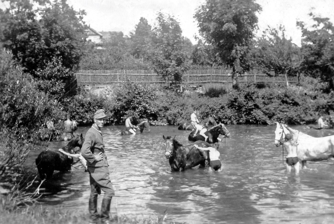Soldaten der Deut. Wehrmacht bei der Pferdepflege in der Pinka / Bereich "Fuith-Gat" (Fuith-Wehr)