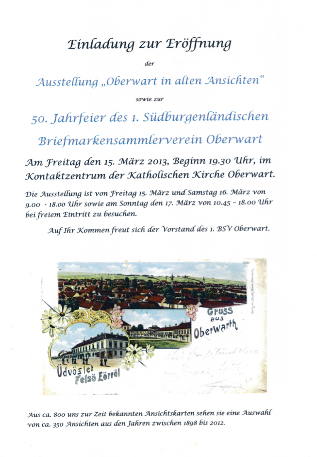 50. Jahrfeier des 1. Südburgenländischen Briefmarkensammlerverein Oberwart: Einladung