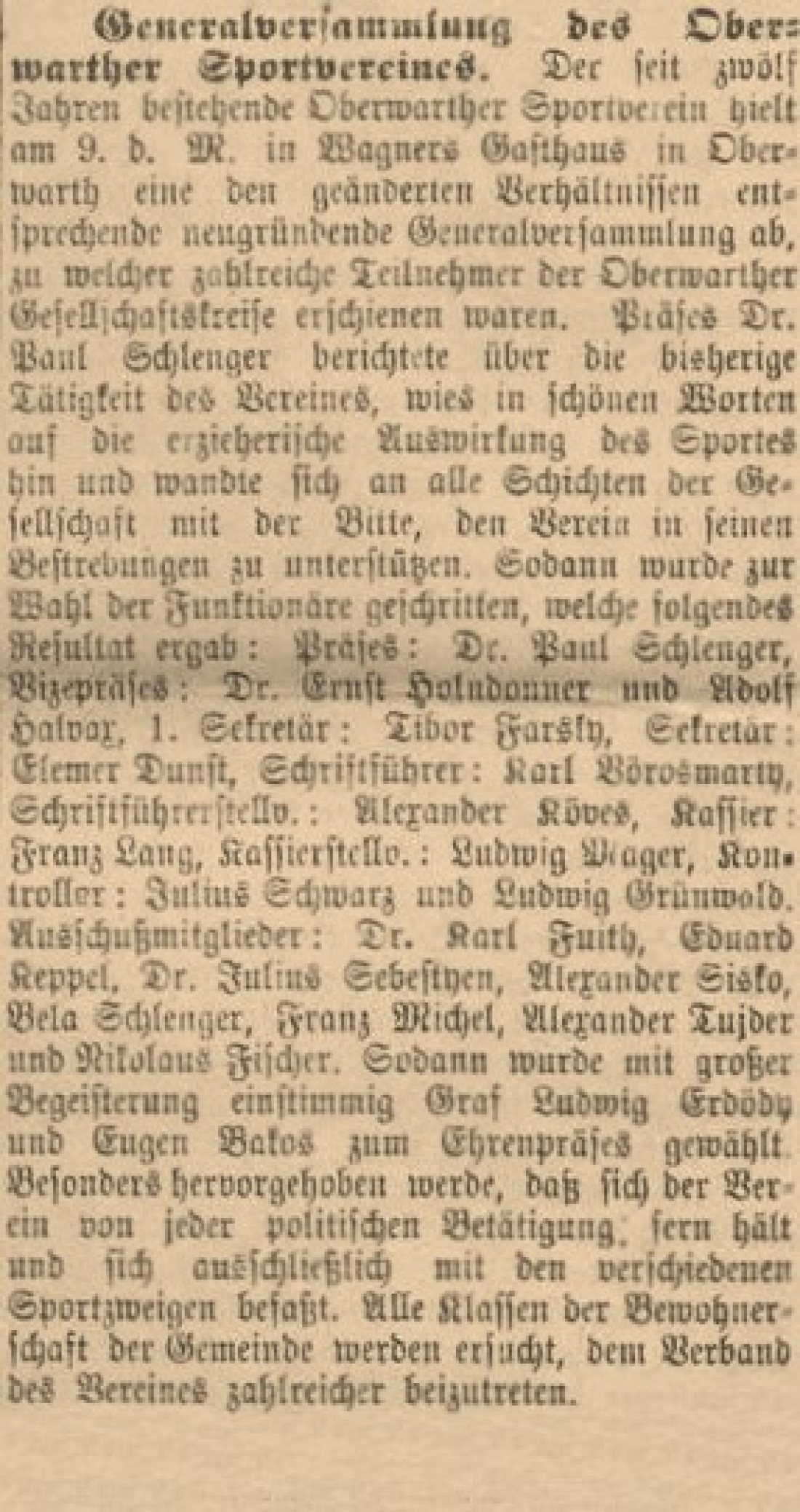 Oberwarther = Sonntagszeitung vom 15. April 1923: Generalversammlung des Oberwarther Sportvereines