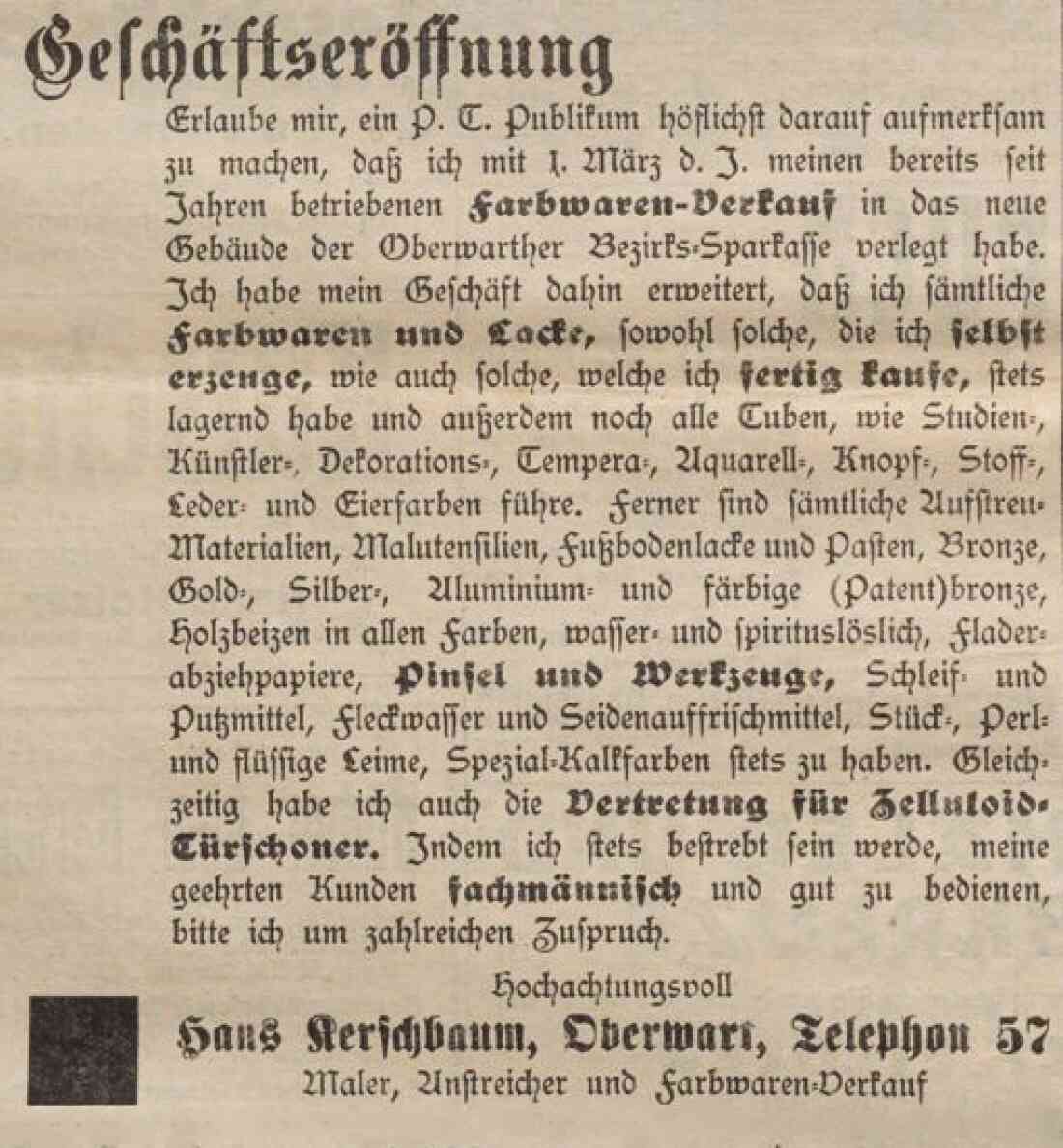 Inserat in der Oberwarther Sonntags-Zeitung vom 16. März 1930: Maler, Anstreicher und Farbwarenverkaus Hans Kerschbaum (OW 776 / Wienerstraße 18)