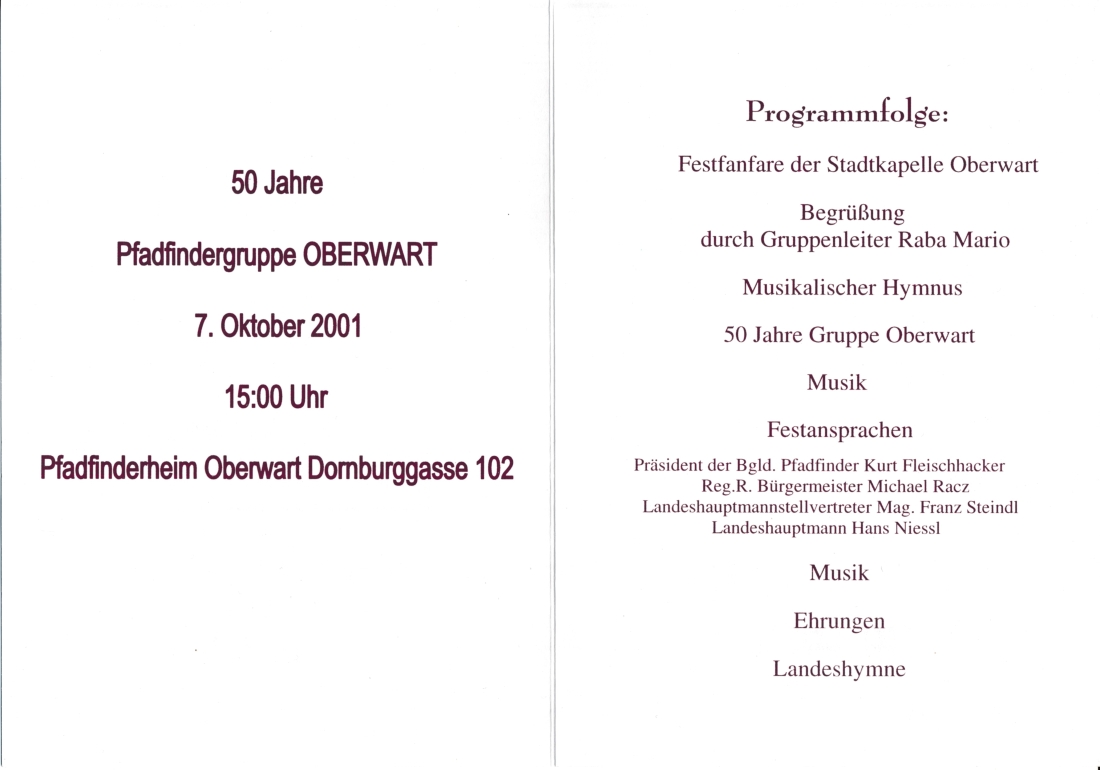 Pfadfinder: Innenseite der Einladung zum Festakt "50 Jahre Pfadfindergruppe Oberwart"