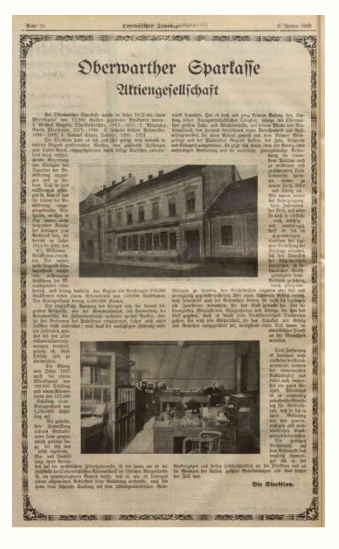 Ganzseitige Werbeeinschaltung der Oberwarther Sparkasse in der Oberwarther - Sonntagszeitung vom 6. Jänner 1921