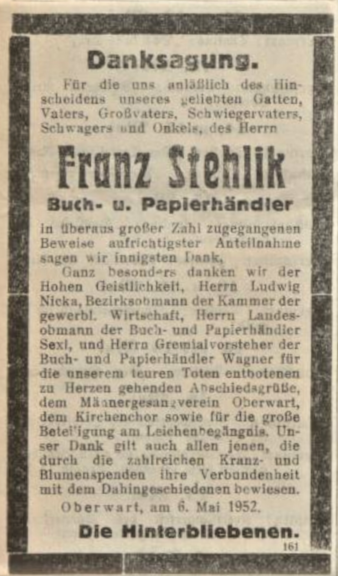 Danksagung anlässlich des "Hinscheidens" von Franz Stehlik in der Oberwarter Zeitung vom 11. Mai 1952