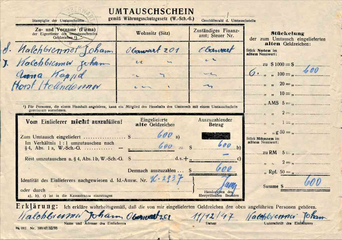 Fam. Johann Kalchbrenner: Umtauschschein gemäß Währungsschutzgesetz