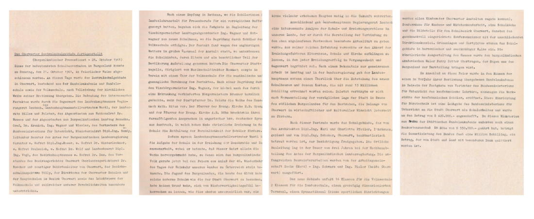 Aussendung Bgld. Pressedienst am 28. Oktober 1961: "Das Oberwarter Zentralschulgebäude fertiggestellt"